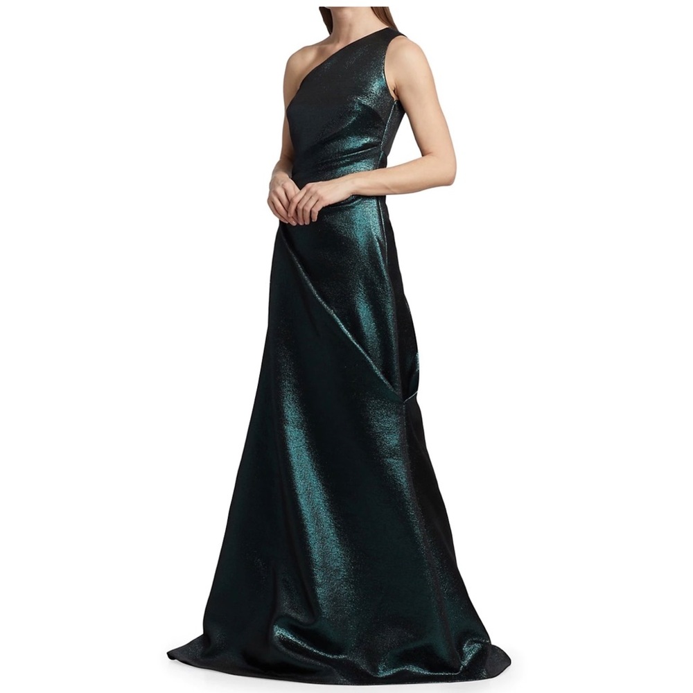 REEM ACRA ONE SHOULDER LAME GOWN SZ 8  MRSP: $2495